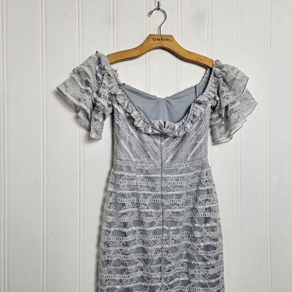 ASOS Lace Dress Off Shoulder Pencil Midi Form Fitting Ruffle Thin Straps Size 4 - Picture 6 of 10